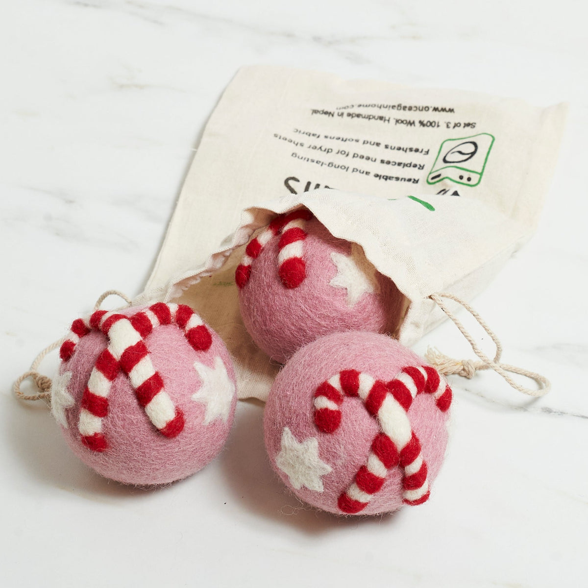 Laundry Wool Dryer Balls - Set of 3 Candy Cane