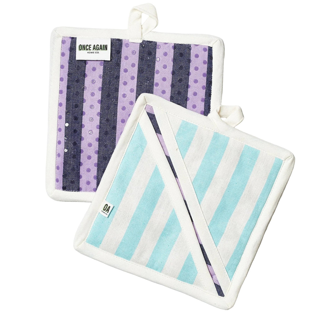 Two pot holders with purple and white striped and blue and white striped patterns on a white background.