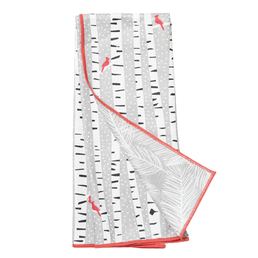Folded teatowel with cardinal perched on a birch tree from Kate Nelligan