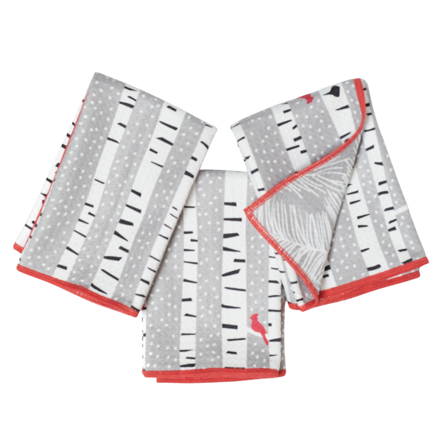 Set of three mini towels with red cardinal on a birch treen from Kate Nelligan.