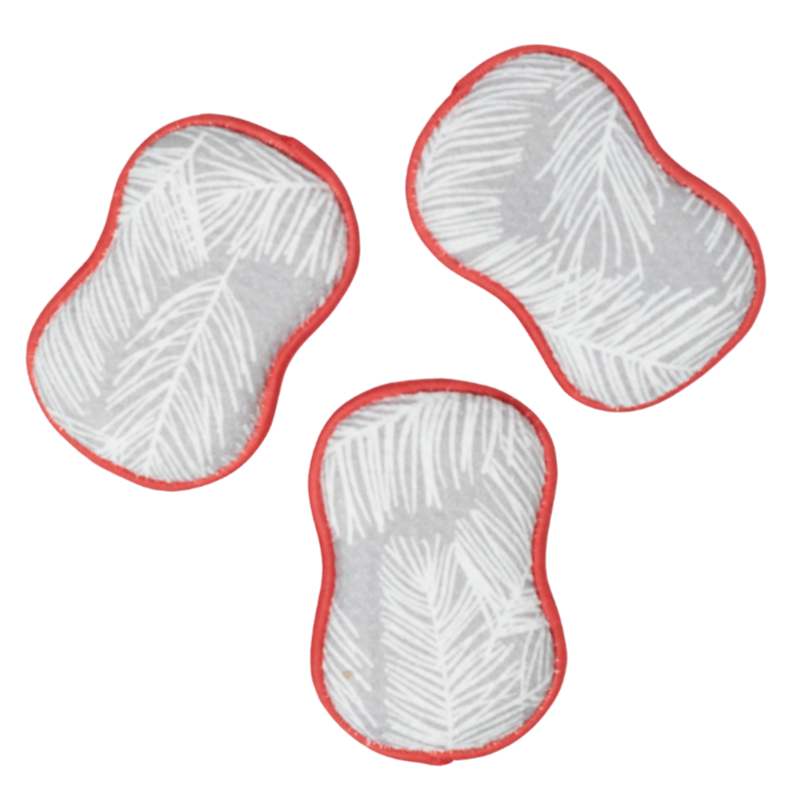 Three washable sponges with red cardinals with red edges on a white background