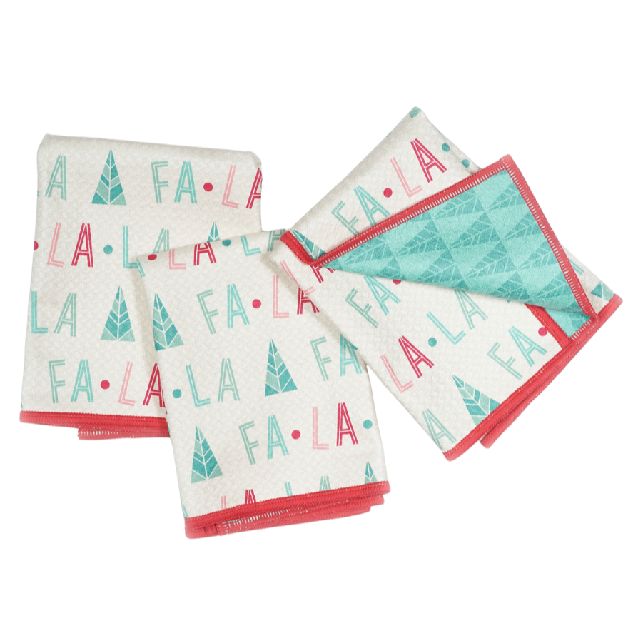 Set of three mini towels with 'Fa La La' and Christmas tree patterns on a white background