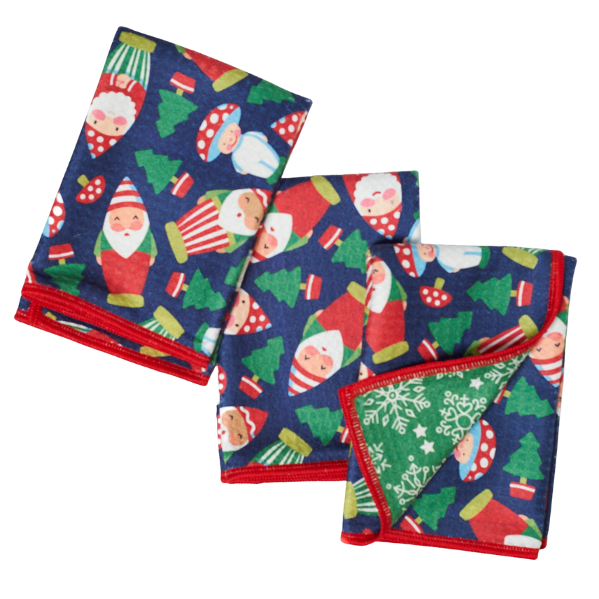 Set of three Christmas-themed napkins with Santa Claus and winter elements on a blue background.