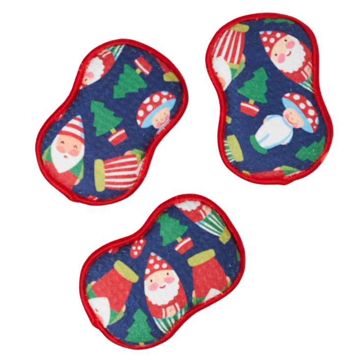 Three colorful Christmas-themed washable sponges with Santa Claus and winter elements on a white background from Mary Engelbreight