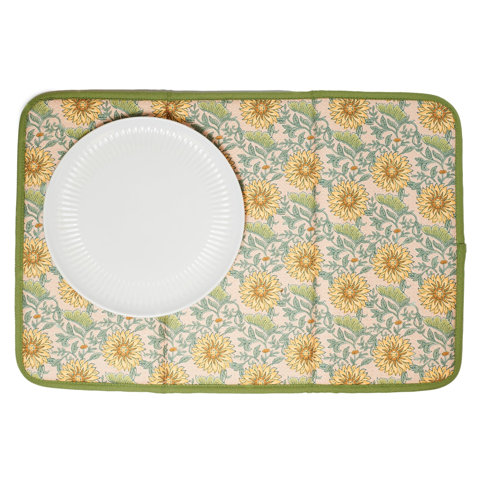 Floral patterned drying mat with yellow flowers on a green border