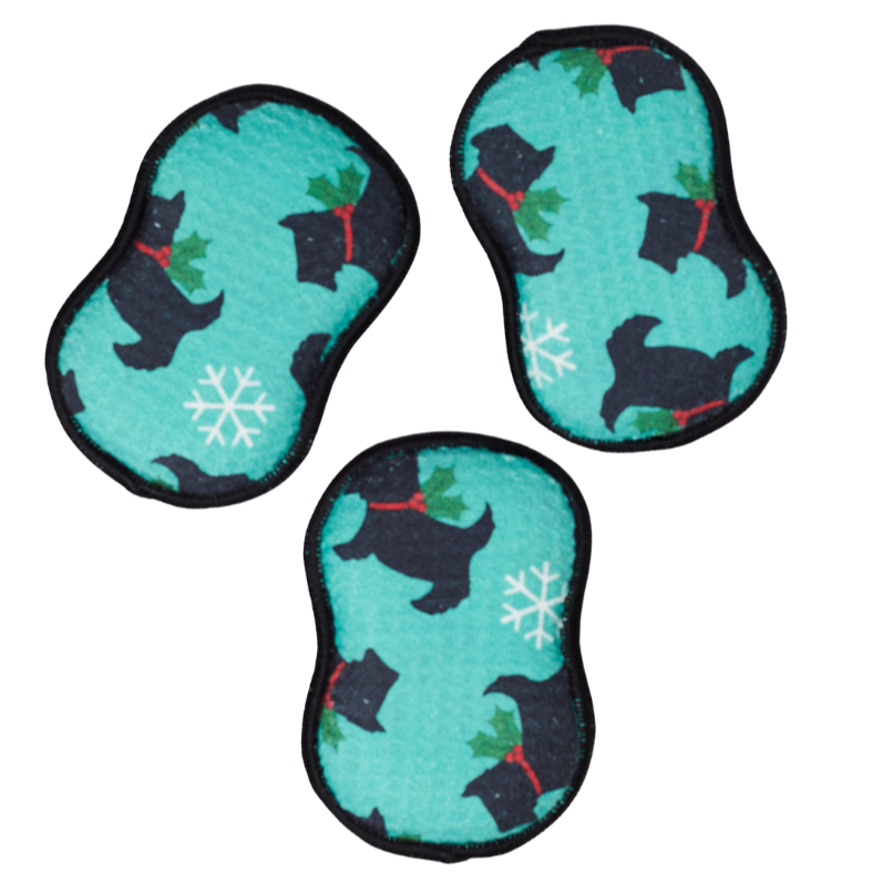 Three teal washable sponges with black dog illustrations on a white background from Mary Engelbreit