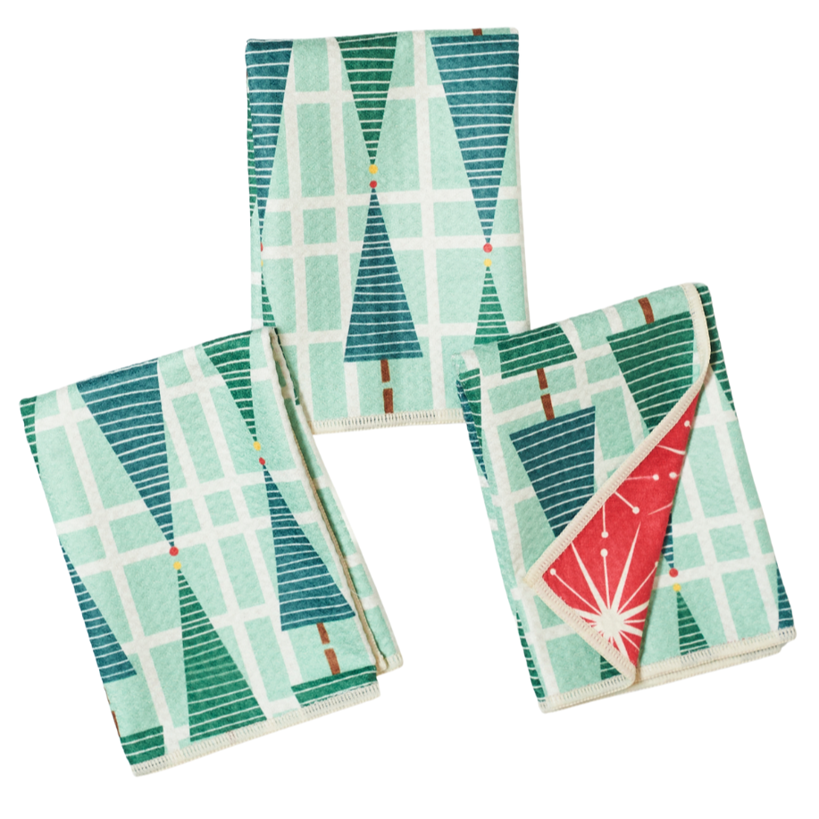 Three patterned mini towels with Holiday Tree designs on a white background