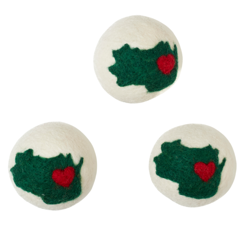Three felted wool dryer balls with state of Wisconsin