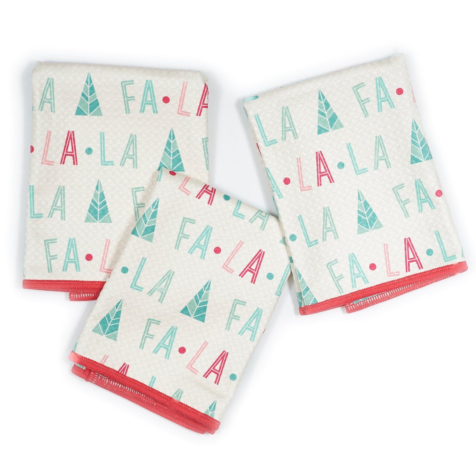 Set of three mini towels with 'Fa La La' and Christmas tree patterns on a white background