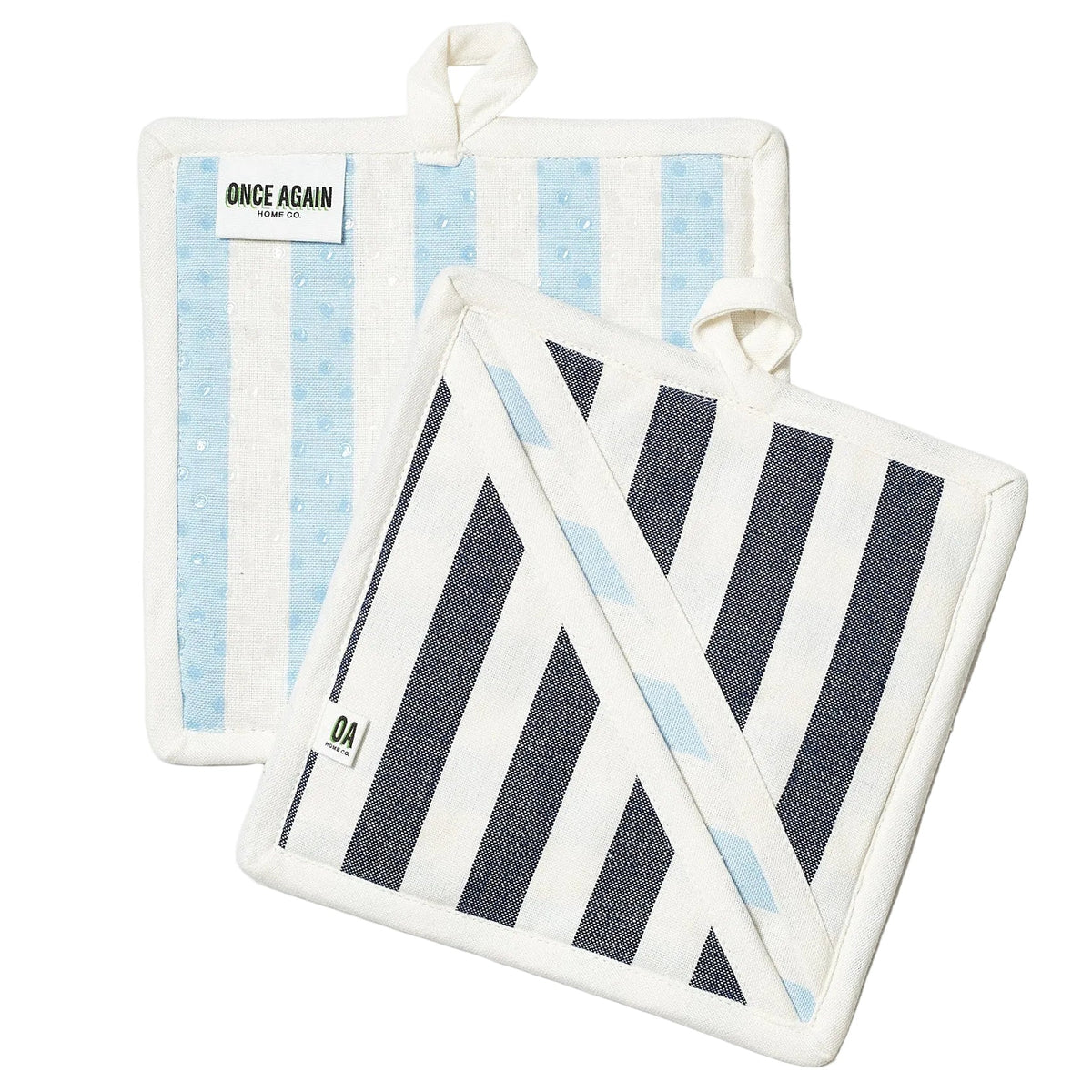 Set of two striped pot holders with 'Once Again' branding on a light gray background
