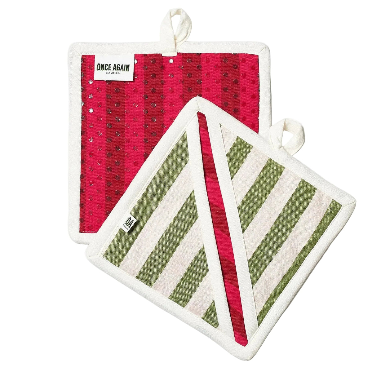 Two pot holders with red and green patterns on a white background