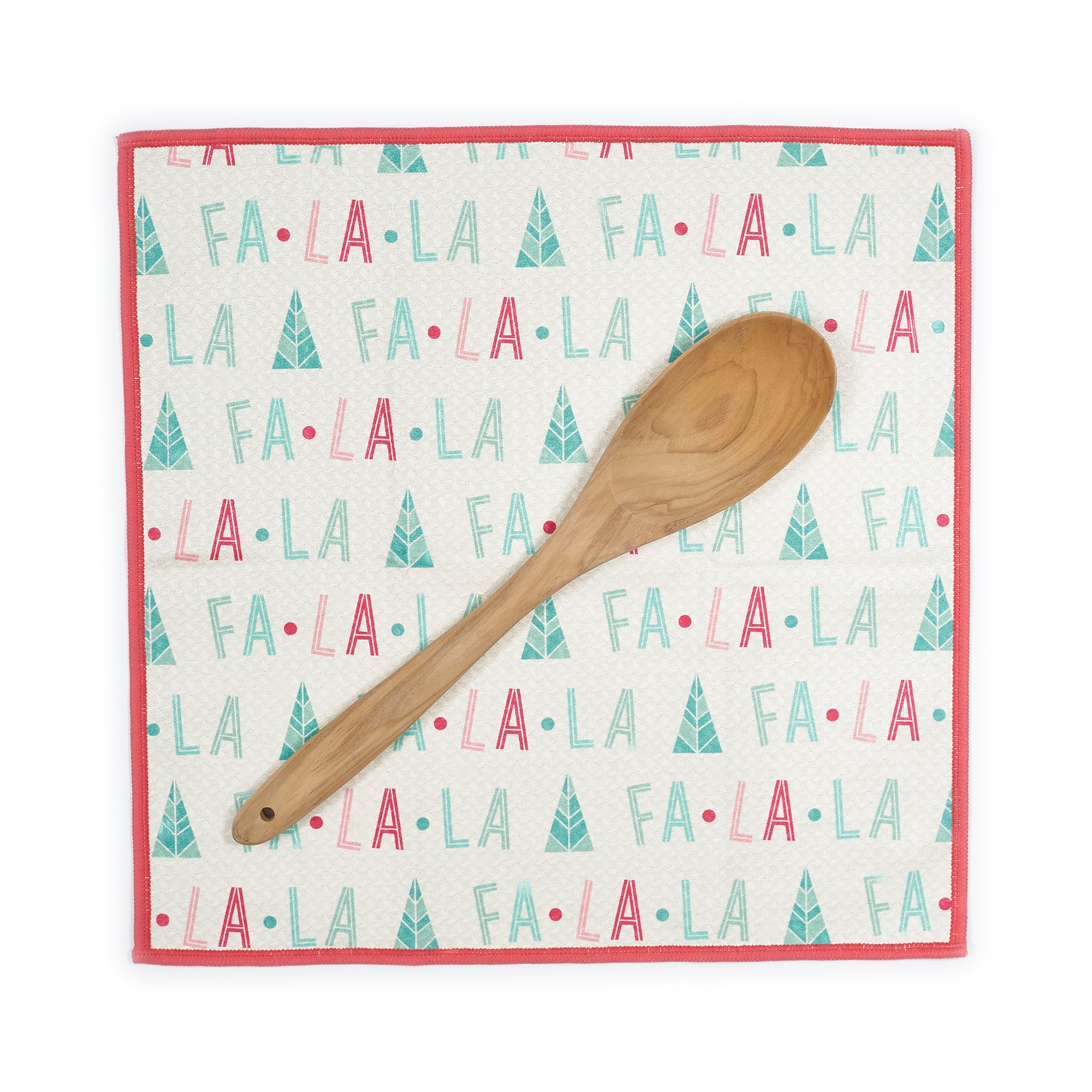 Set of three mini towels with 'Fa La La' and Christmas tree patterns on a white background
