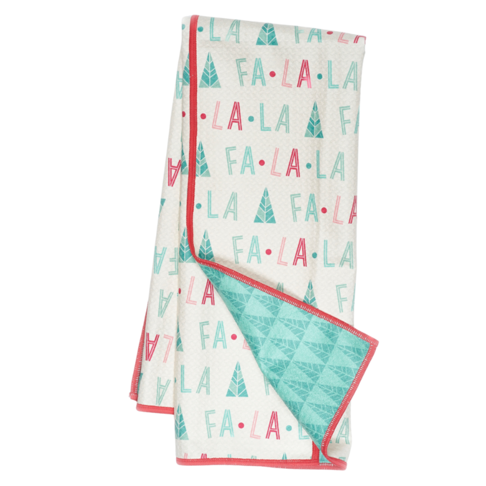 Tea Towel with 'Fa La La' and Christmas tree pattern on a white background