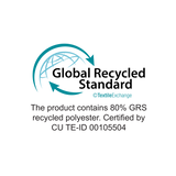 Global Recycled Standard certification graphic on a white background, showing a teal circular globe logo and text stating the product contains 80% GRS recycled polyester, certified by CU TE-ID 00105504.