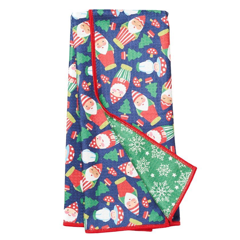 Folded tea towel with Christmas-themed pattern on a white background