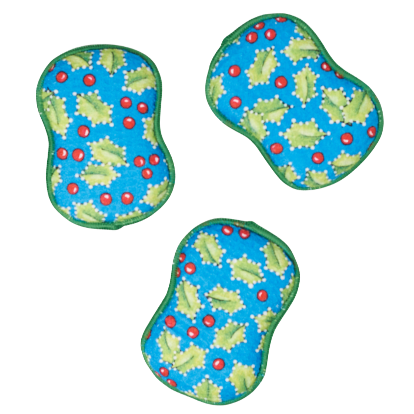 Three washable sponges with holly leaf and berry pattern on a white background from Mary Engelbreit