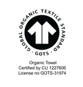 Global Organic Textile Standard (GOTS) certification logo and text for an organic towel, showing a black circular emblem with white arrows and the words 'Global Organic Textile Standard' and 'GOTS' on a white background.