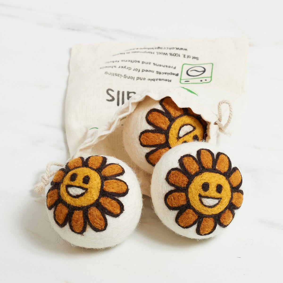Laundry Wool Dryer Balls - Set of 3 Smiley Sunflower