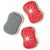 Three red washable sponges with white starburst patterns on a white background