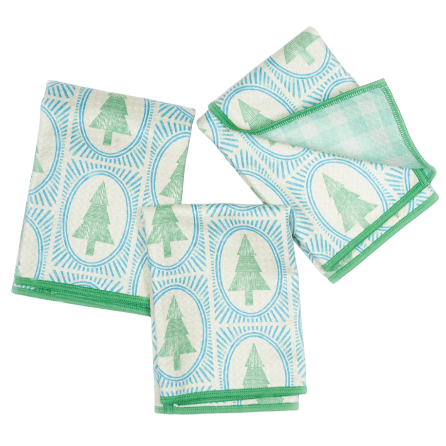 Set of three towels with Christmas green tree patterns